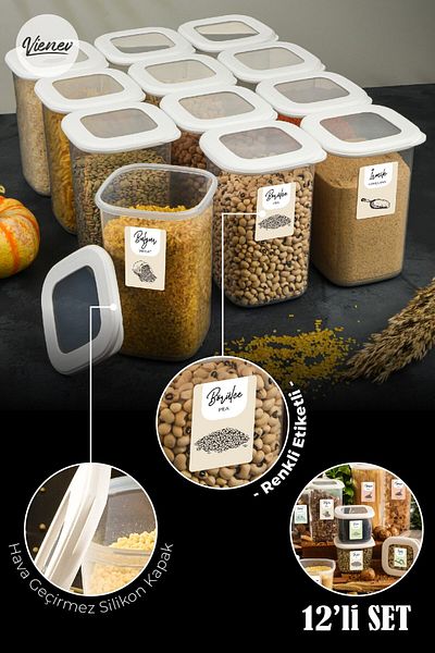 Vienev Square Food Storage Container with Colorful Labels Set of 12 1.2 Liters White