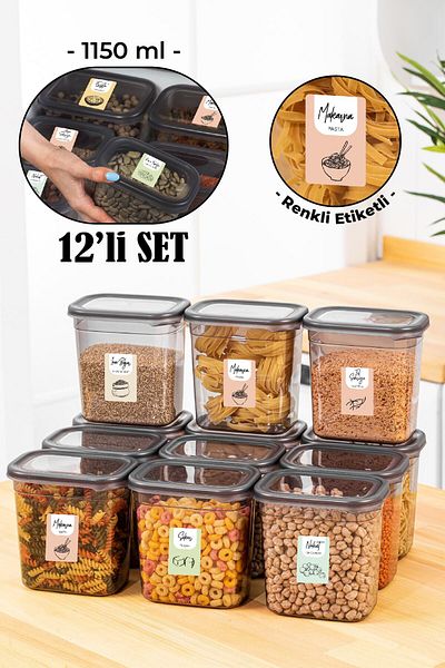 Vienev Set of 12 Peggy Rectangular Storage Containers with Colorful Labels 1150 Ml Anthracite