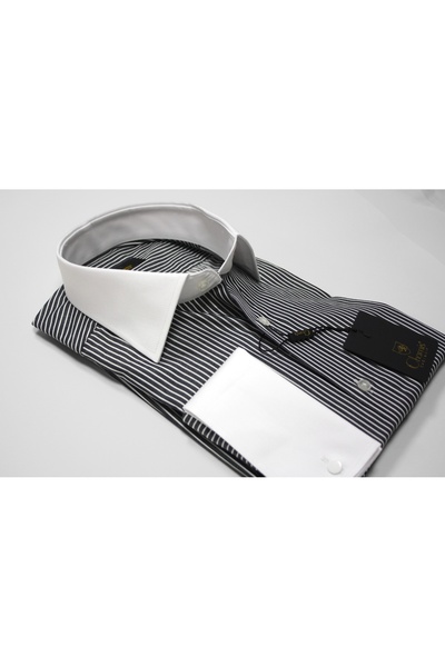 Chamis قميص SlimFit ذو رقبة طويلة وأساور مزدوجة باللون الأبيض المتباين باللون...