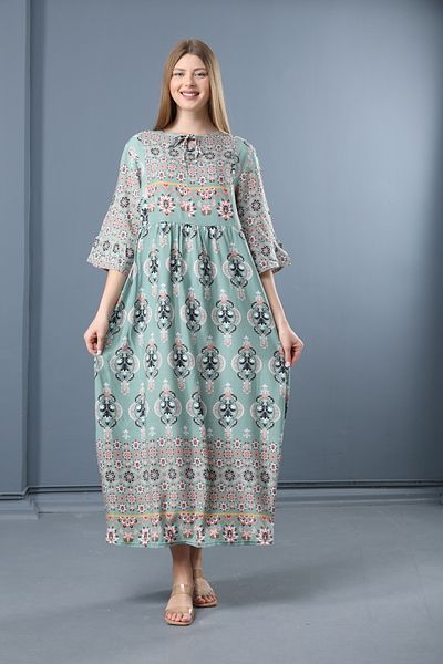 mervemoda Women's three quarter sleeve long woven dress