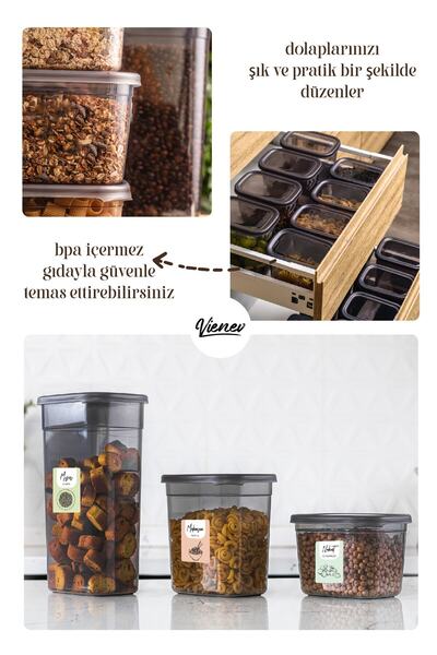Vienev Set of 6 Peggy Rectangular Storage Container with Colorful Labels 3.2 Liter Anthracite