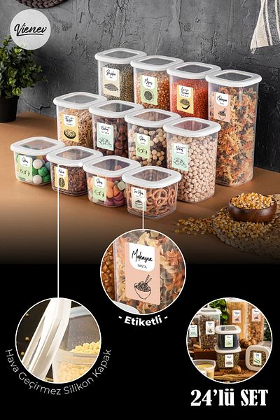 Vienev Square Food Storage Container with Colorful Label Set of 24 8x (0.55 Liters, 1.2 Liters, 1.75 Liters) White