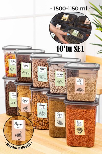 Vienev Set of 10 Peggy Rectangular Storage Containers with Colorful Labels 5x(1500-1150 Ml) Anthracite