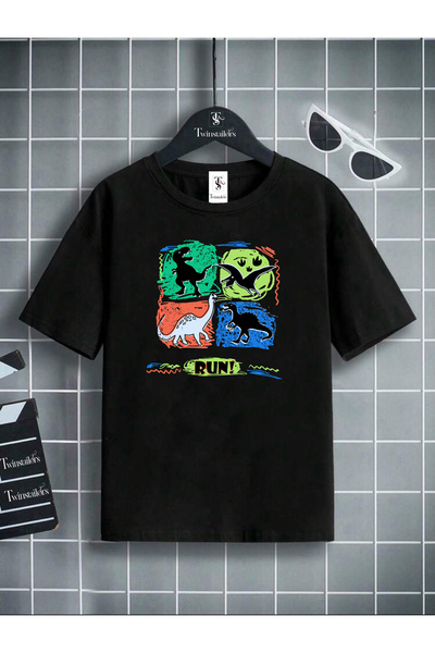 twins tailors Run Dinosaur Štampano Unisex crna dječja majica / T-shirt