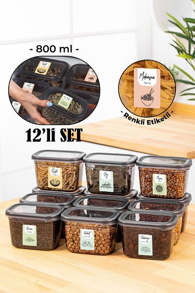Vienev Set of 12 Peggy Rectangular Storage Containers with Colorful Labels 800 Ml Anthracite