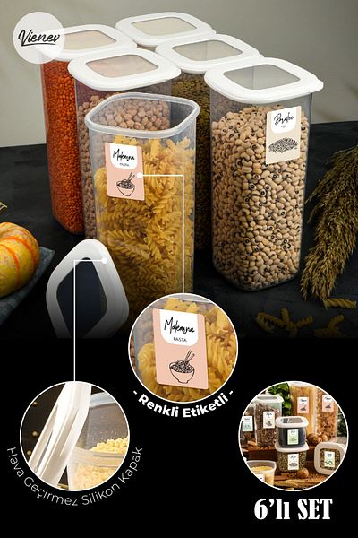 Vienev Square Food Storage Container with Colorful Labels Set of 6 1.75 Liters White
