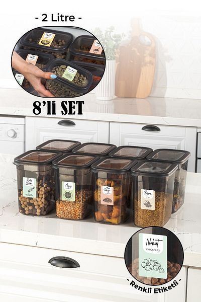 Vienev Set of 8 Peggy Rectangular Storage Container with Colorful Labels 2 Liters Anthracite