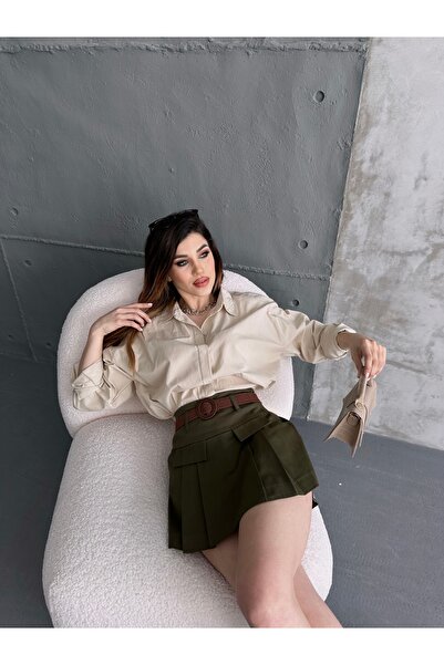 Fav Style Mini pantaloni scurti, cu clapă în față, cu curea plisată, pentru femei, kaki