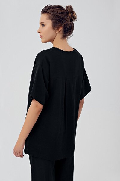 Artış Γυναικείο λινό κοντομάνικο διπλό υπερμεγέθη πουκάμισο