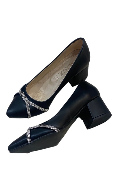 İpek women's black rhinestone thick heel closed sitiletto heels