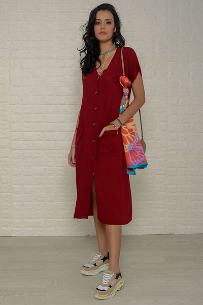 AVORWE V-Neck Short Sleeve Pocket Detailed Midi Dress