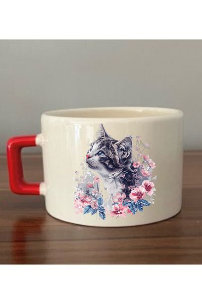 lili hediyelik Floral Cat Themed Cup Mug Cup - Ceramic Tea, Coffee Gift Cup