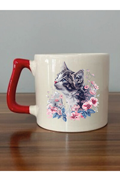 lili hediyelik Floral Cat Themed Red Handle Mug Cup - Ceramic Tea, Coffee Gift Cup