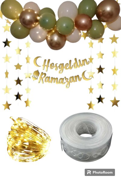 Azebu Hoşgeldin Ramazan Gold Yazı Ledli Zincir Balon Seti, Ramazan Ayı Süslem...