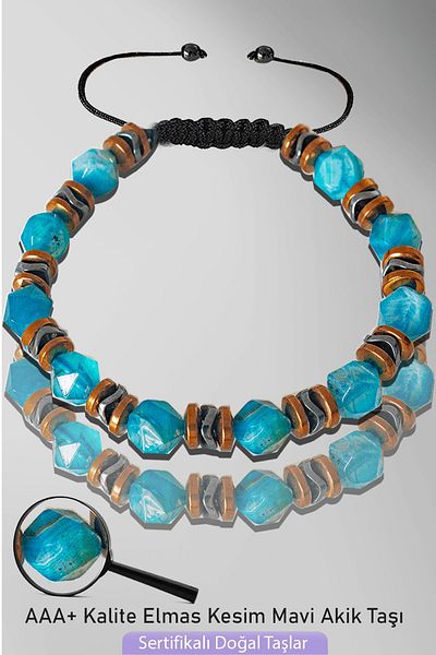 Tesbih Atölyesi Certified AAA+ Rose Hematite Diamond Cut Blue Agate Stone Bracelet - Adjustable