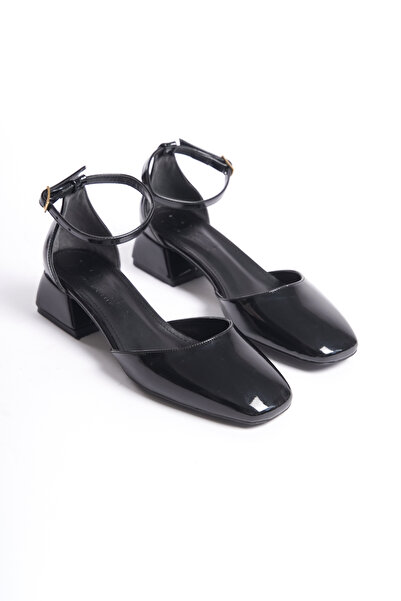 SEEM Carmen Blunt Toe Curea la gleznă Toc pătrat Pantofi din piele neagră