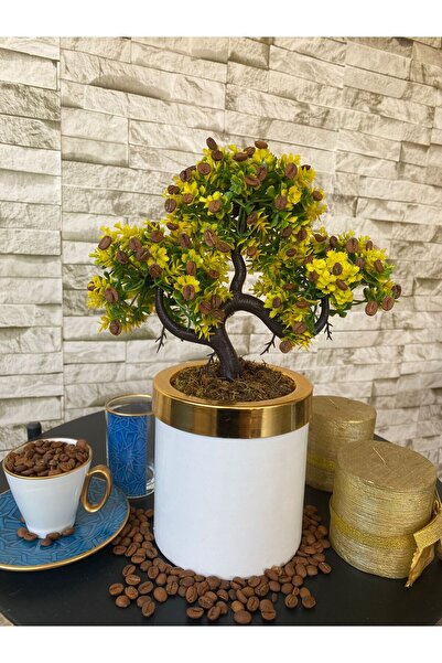 MY LOVE ÇİÇEKÇİLİK Bonsai Kahve Ağacı Beyaz Gold Saksıda Yapay Çiçek (YAPAY A...