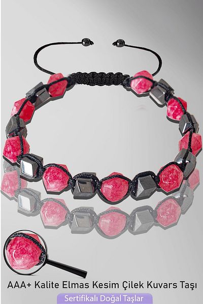 Tesbih Atölyesi Certified AAA+ Diamond Cut Terahertz - Strawberry Quartz Stone Bracelet - Adjustable