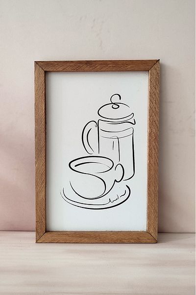 Tooall Pictură cu filtru liniar pentru cafea și ceașcă, masă de cafea cu cadru din lemn
