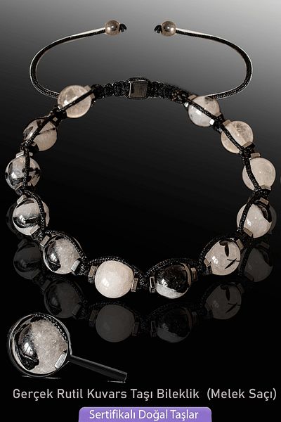 Tesbih Atölyesi Certified Macrame Hematite Real Rutile Quartz Stone Bracelet - Angel Hair