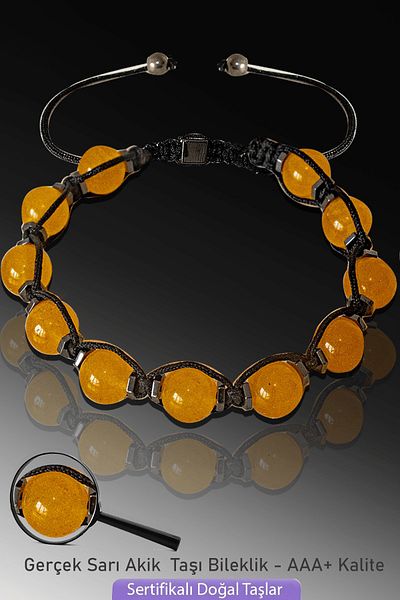 Tesbih Atölyesi Certified Macrame Hematite Real Yellow Agate Stone Bracelet - Adjustable