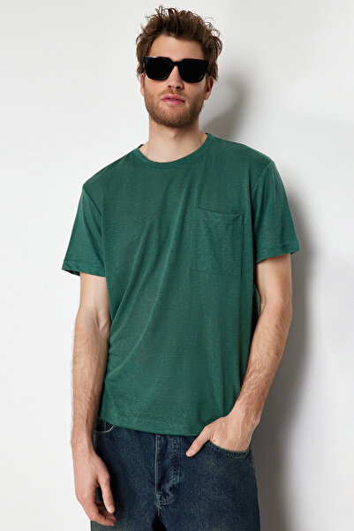 Trendyol Collection Μπλουζάκι με κοντομάνικο πράσινο λινό με τσέπη - TMNSS24TS00046