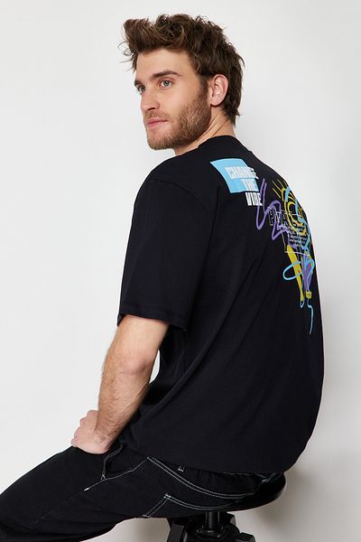 Trendyol Collection Κείμενο εμπριμέ μαύρο υπερμεγέθη βαμβακερό μπλουζάκι - TMNSS21TS3438