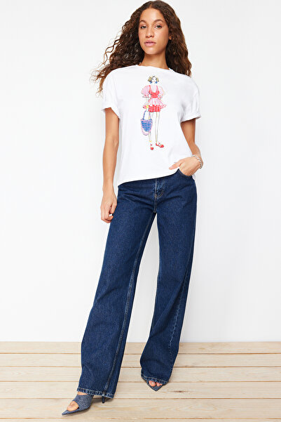 Trendyol Collection White 100% Thick Cotton Printed Relaxed/Casual Cut Knitted T-Shirt Twoss24Ts00054
