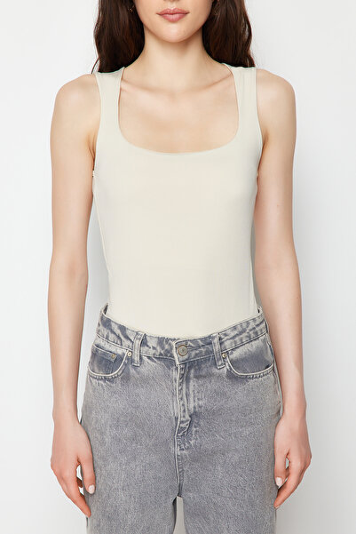 Trendyol Collection Light Stone Fitted/Fitted Square Collar Flexible Knitted Body with Snap Fasteners TWOSS24BD00027