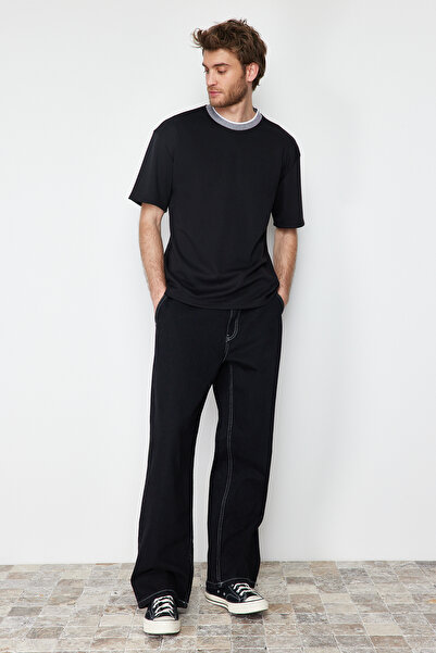 Trendyol Collection Premium Μαύρο Πλεκτό Μπλουζάκι Πικέ Υπερμεγέθη - TMNSS23TS00079