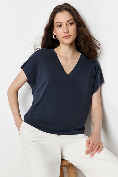 Trendyol Collection Anthracite Modal V-Neck Relaxed/Comfortable Cut Knitted T-Shirt TWOSS24TS00043