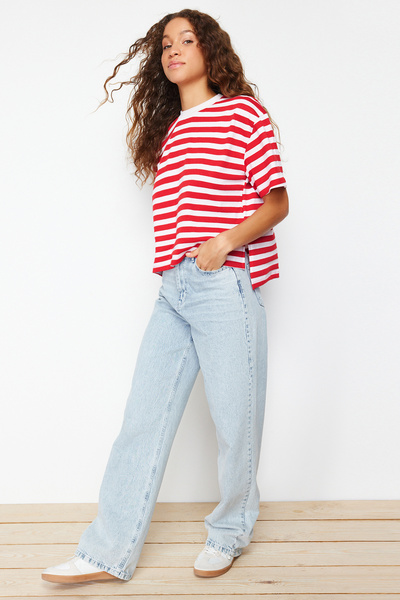 Trendyol Collection Red Striped 100% Thick Cotton Asymmetric Loose/Casual Cut Knitted T-Shirt Twoss24Ts00058