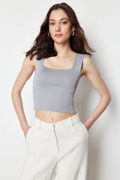 Trendyol Collection Πλεκτή μπλούζα με χοντρό λουρί Γκρι Crop - TWOAW20BZ0576
