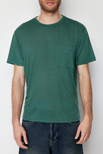 Trendyol Collection Μπλουζάκι με κοντομάνικο πράσινο λινό με τσέπη - TMNSS24TS00046