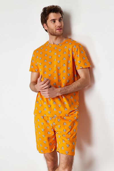 Trendyol Collection Set de pijamale cu pantaloni scurți din bumbac portocaliu cu imprimeu Koala - THMSS21PT1239