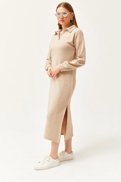 Olalook Women's Stone Polo Neck Slit Ribbed Midi Dress ELB-19002050