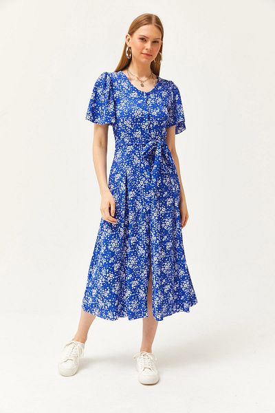 Olalook Γυναικείο πλεκτό φόρεμα Daisy Saks Μπλε με V λαιμόκοψη με κουμπιά ELB-19002048