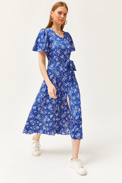 Olalook Γυναικείο πλεκτό φόρεμα Daisy Saks Μπλε με V λαιμόκοψη με κουμπιά ELB-19002048