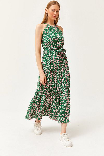 Olalook Dámské etnické Emerald Powder Halter Límec Tkané viskózové šaty ELB-19001548
