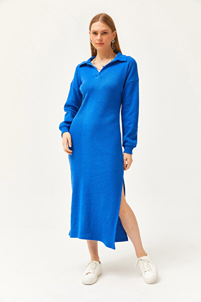 Olalook Kadın Saks Mavi Polo Yaka Yırtmaçlı Şardonlu Midi Elbise ELB-19002050