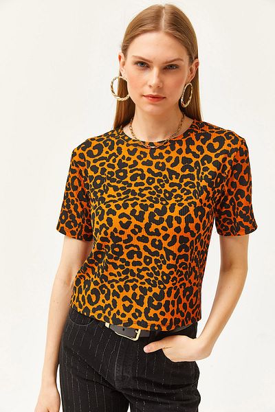 Olalook Women's Leopard Orange Corded Crop Knitted T-Shirt TSH-19000328