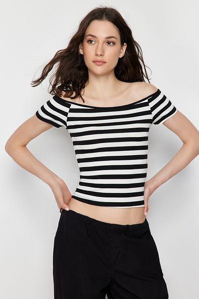 Trendyol Collection 2 Pack Black White Striped-Black Plain Carmen Collar Crop Stretchy Knitted Blouse TWOSS24BZ00310