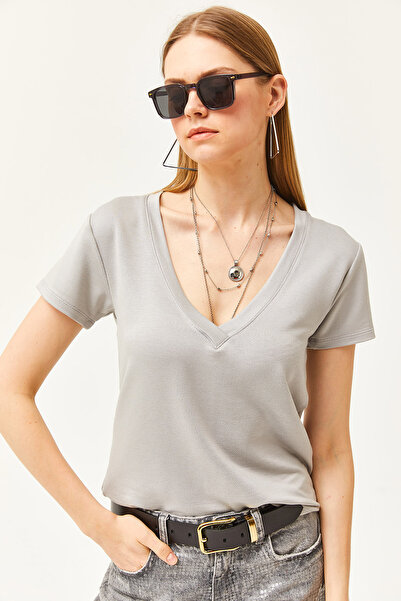 Olalook Dámské tričko Dolphin Grey s modálním výstřihem a hlubokým výstřihem do V TSH-19000773