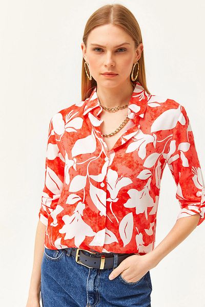 Olalook Women's Coral Water Color Effect Woven Shirt GML-19001178