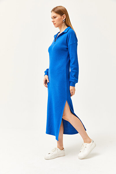 Olalook Kadın Saks Mavi Polo Yaka Yırtmaçlı Şardonlu Midi Elbise ELB-19002050