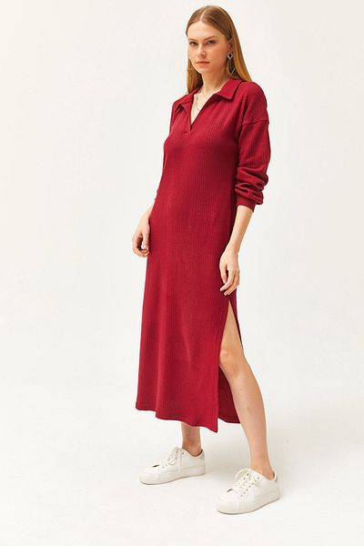 Olalook Rochie midi de damă, burgundă, cu decolteu polo, cu crestătură în coaste, ELB-19002050