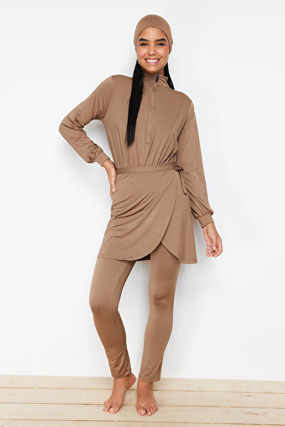 Trendyol Modest Mink Gather részletes strandruházat, teljes borítású, 4 részes fürdőruha szett TCTSS24CF00001