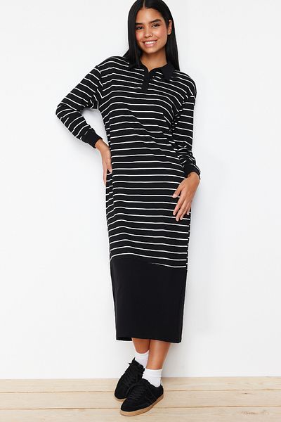 Trendyol Modest Black Oversize Polo Neck Knitted Striped Dress Tctss24Eb00121