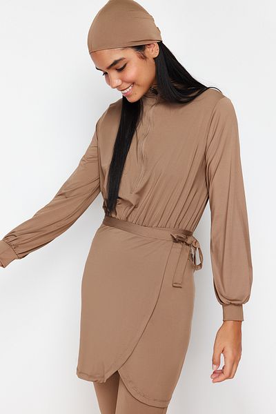 Trendyol Modest Mink Gather Λεπτομερή σετ μαγιό 4 τεμαχίων με καλυμμένα ρούχα παραλίας TCTSS24CF00001