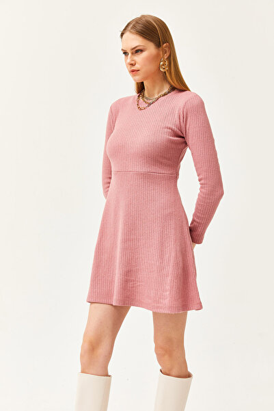 Olalook Kadın Gül Kurusu Bisiklet Yaka Eteği Kloş Fitilli Elbise ELB-19002029